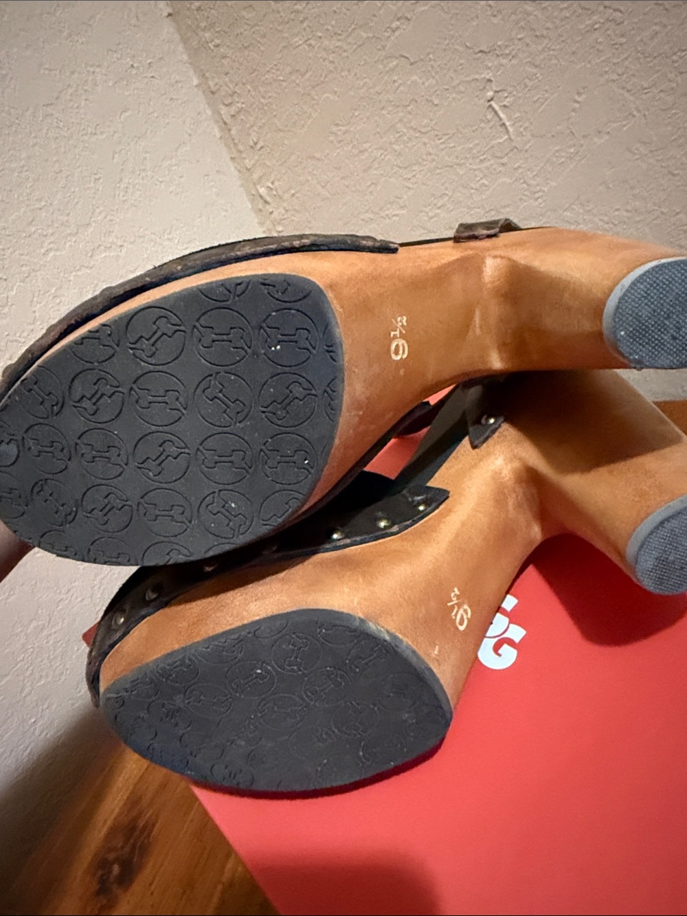 Flogg Black Suede & Tan Wood Platform Slingback Heels - Picture 6 of 7